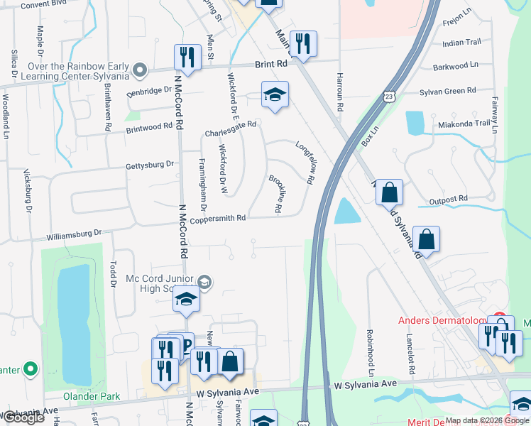 map of restaurants, bars, coffee shops, grocery stores, and more near 4525 Brookline Road in Sylvania
