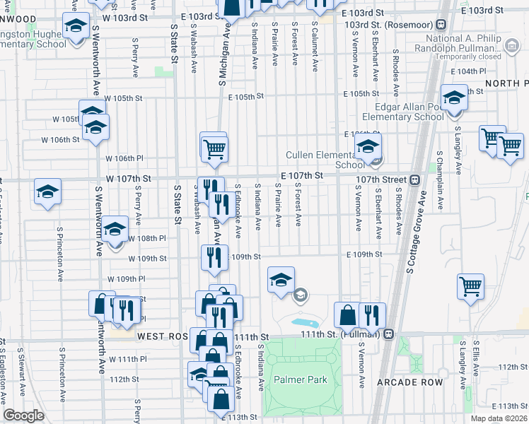 map of restaurants, bars, coffee shops, grocery stores, and more near 10749 South Indiana Avenue in Chicago