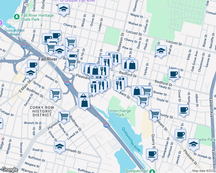map of restaurants, bars, coffee shops, grocery stores, and more near 10 Plymouth Avenue in Fall River