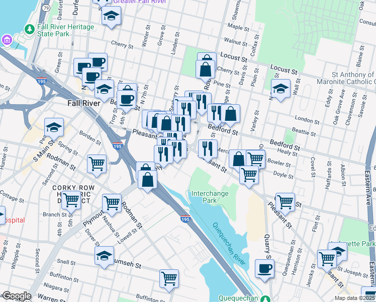 map of restaurants, bars, coffee shops, grocery stores, and more near 10 Plymouth Avenue in Fall River