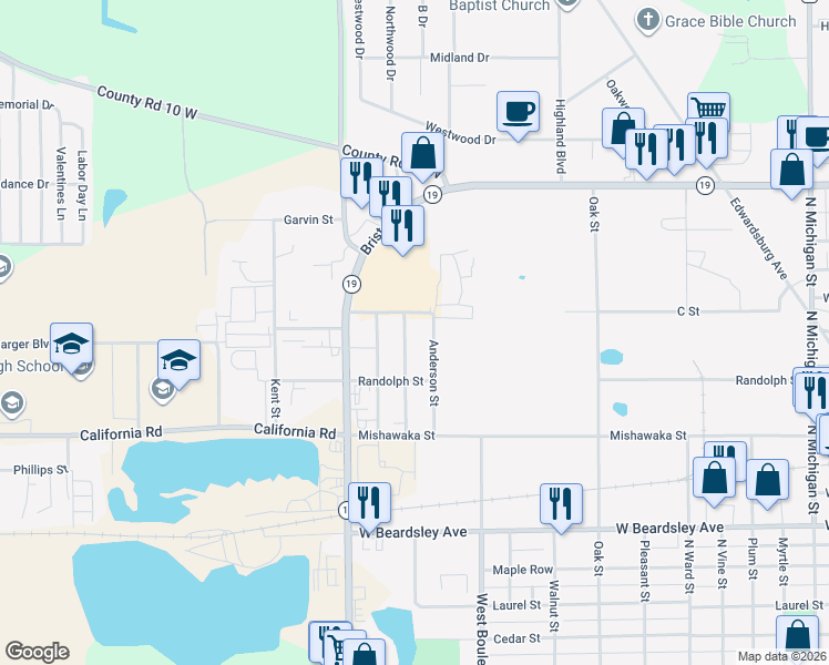 map of restaurants, bars, coffee shops, grocery stores, and more near 1132 Thornton Street in Elkhart