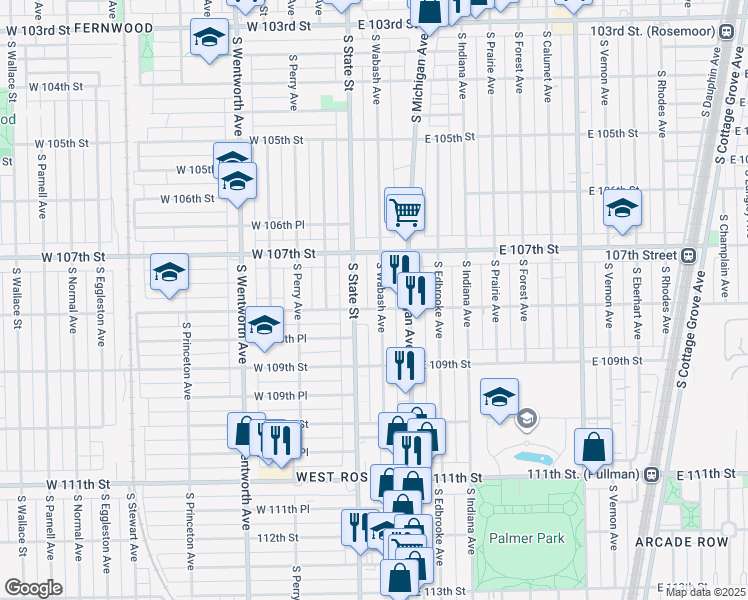 map of restaurants, bars, coffee shops, grocery stores, and more near 10752 South Wabash Avenue in Chicago