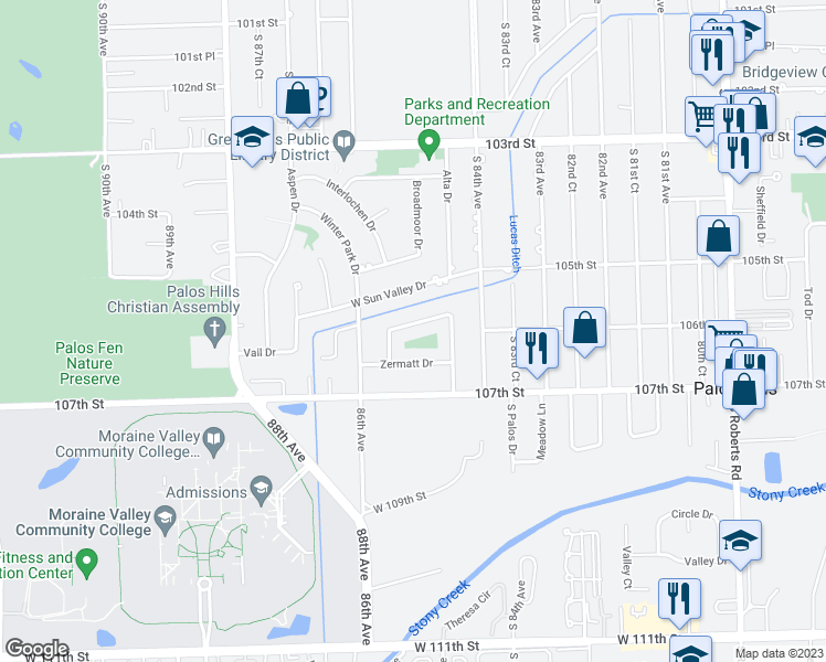 map of restaurants, bars, coffee shops, grocery stores, and more near 8509 Loveland Lane in Palos Hills