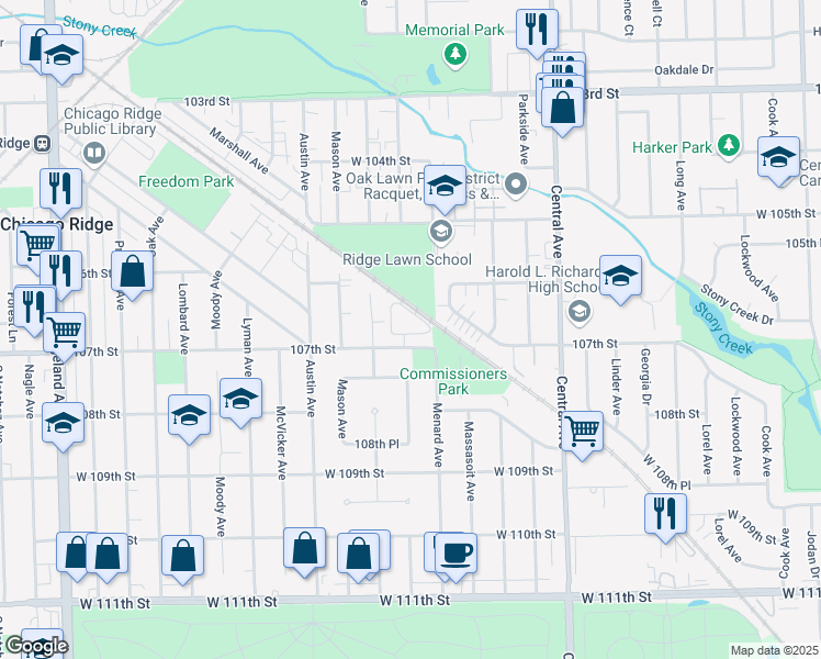 map of restaurants, bars, coffee shops, grocery stores, and more near 5820 107th Court Way in Chicago Ridge