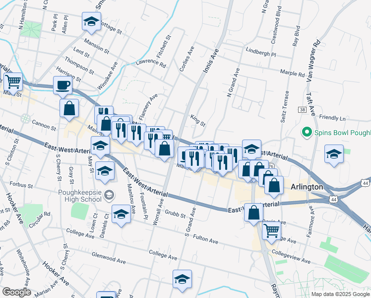 map of restaurants, bars, coffee shops, grocery stores, and more near 16 Boulevard Knolls in Poughkeepsie