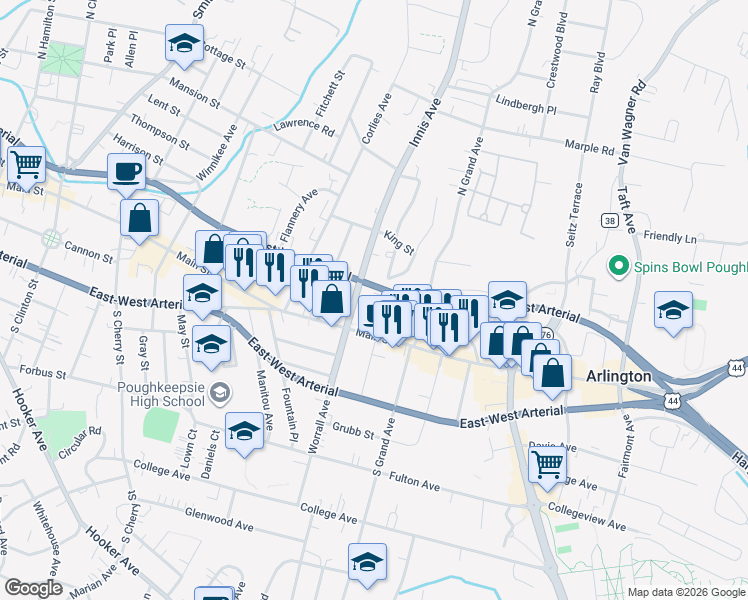 map of restaurants, bars, coffee shops, grocery stores, and more near 16 Boulevard Knolls in Poughkeepsie
