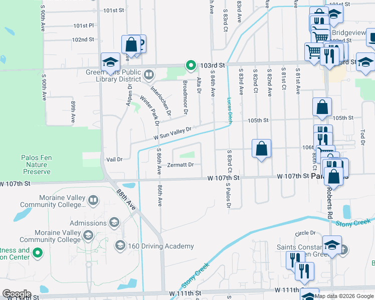 map of restaurants, bars, coffee shops, grocery stores, and more near 8509 Loveland Lane in Palos Hills