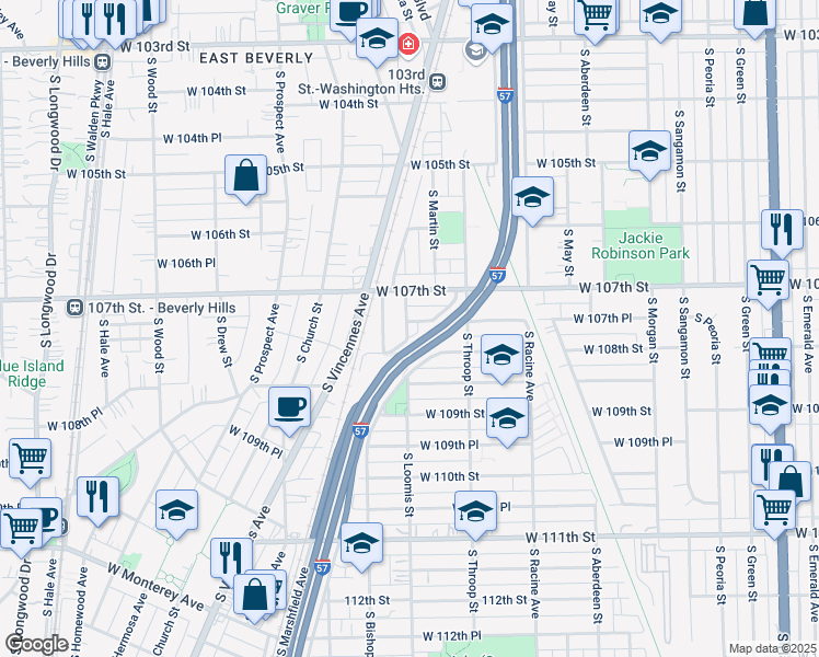 map of restaurants, bars, coffee shops, grocery stores, and more near 1359 West 107th Place in Chicago