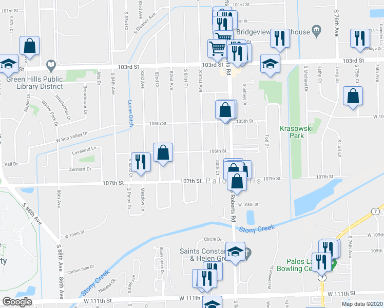 map of restaurants, bars, coffee shops, grocery stores, and more near 10601 West 106th Street in Palos Hills