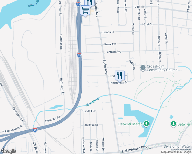 map of restaurants, bars, coffee shops, grocery stores, and more near 4225 Northshire Road in Toledo