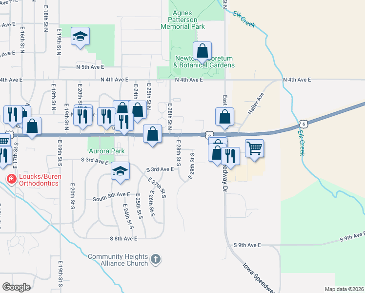 map of restaurants, bars, coffee shops, grocery stores, and more near 2806 South 2nd Avenue East in Newton