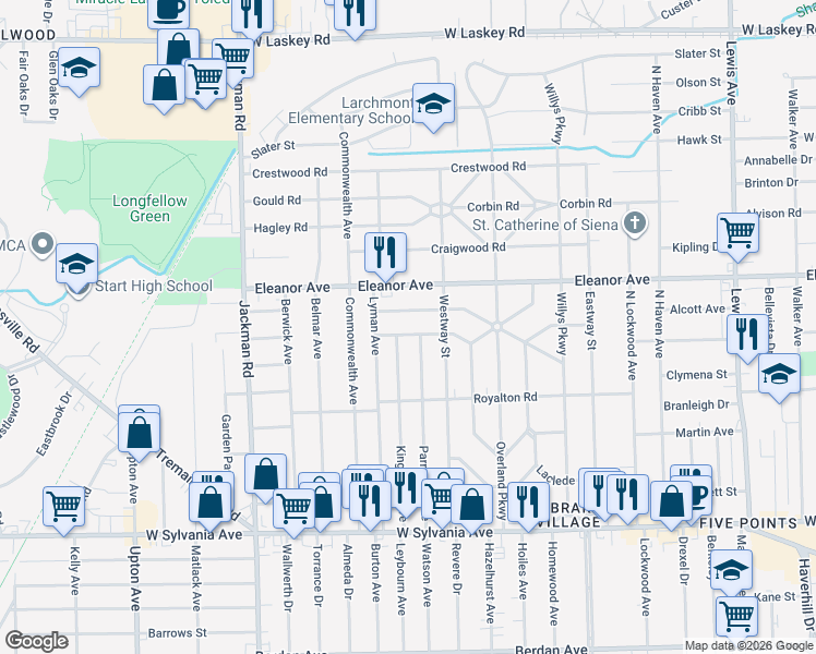 map of restaurants, bars, coffee shops, grocery stores, and more near 1478 Schuyler Road in Toledo