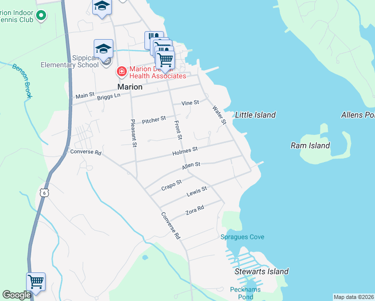 map of restaurants, bars, coffee shops, grocery stores, and more near 43 Holmes Street in Marion