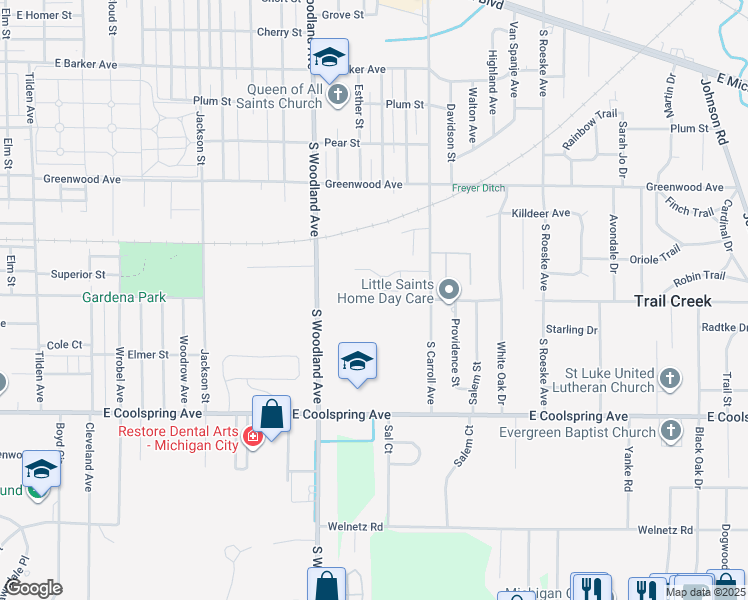 map of restaurants, bars, coffee shops, grocery stores, and more near 1598 Gardena Avenue in Michigan City