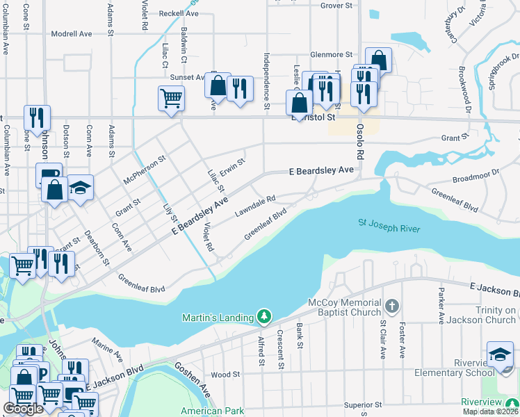 map of restaurants, bars, coffee shops, grocery stores, and more near 1535 Lawndale Road in Elkhart
