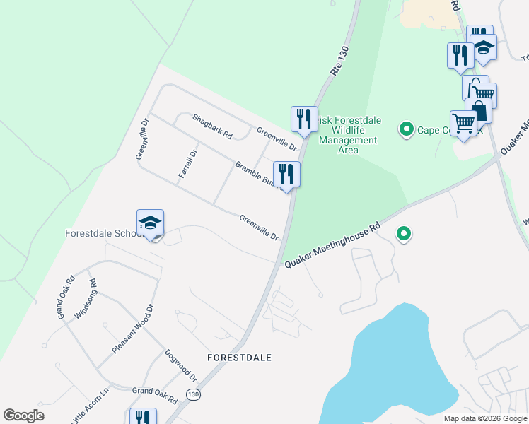map of restaurants, bars, coffee shops, grocery stores, and more near 81 Greenville Drive in Sandwich