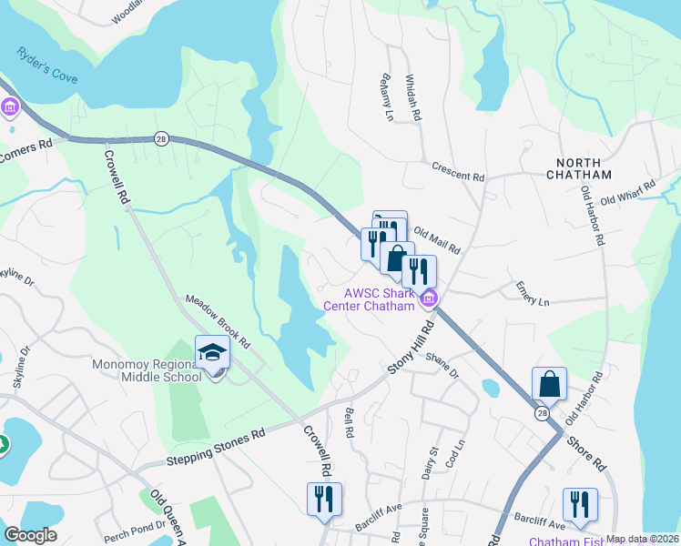 map of restaurants, bars, coffee shops, grocery stores, and more near 81 Misty Meadow Lane in Chatham