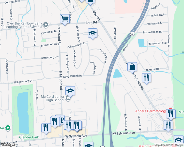 map of restaurants, bars, coffee shops, grocery stores, and more near 4525 Brookline Road in Sylvania