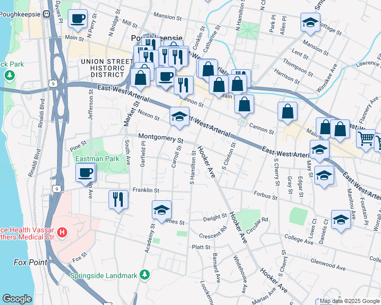 map of restaurants, bars, coffee shops, grocery stores, and more near 69 South Hamilton Street in Poughkeepsie