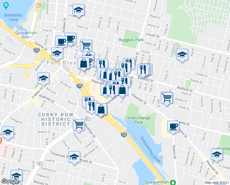map of restaurants, bars, coffee shops, grocery stores, and more near 473 Pleasant Street in Fall River