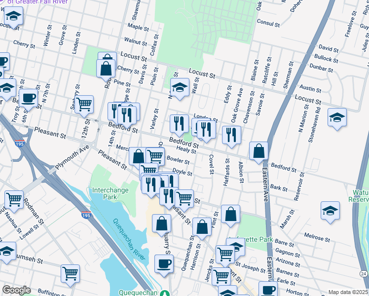map of restaurants, bars, coffee shops, grocery stores, and more near 985 Bedford Street in Fall River
