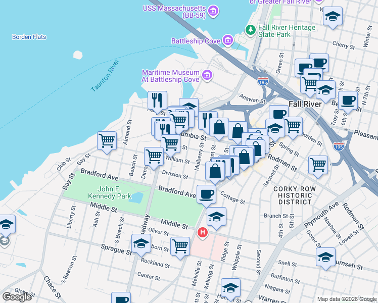 map of restaurants, bars, coffee shops, grocery stores, and more near 257 Hope Street in Fall River