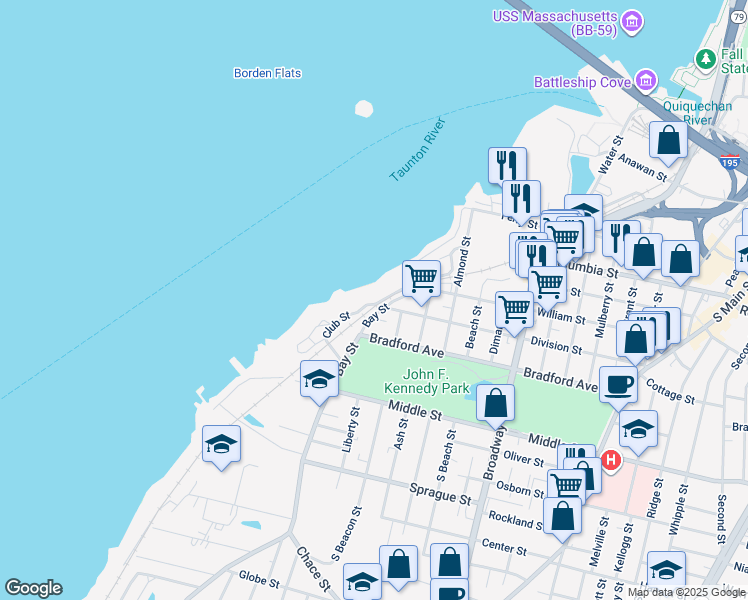 map of restaurants, bars, coffee shops, grocery stores, and more near 62 Bay Street in Fall River