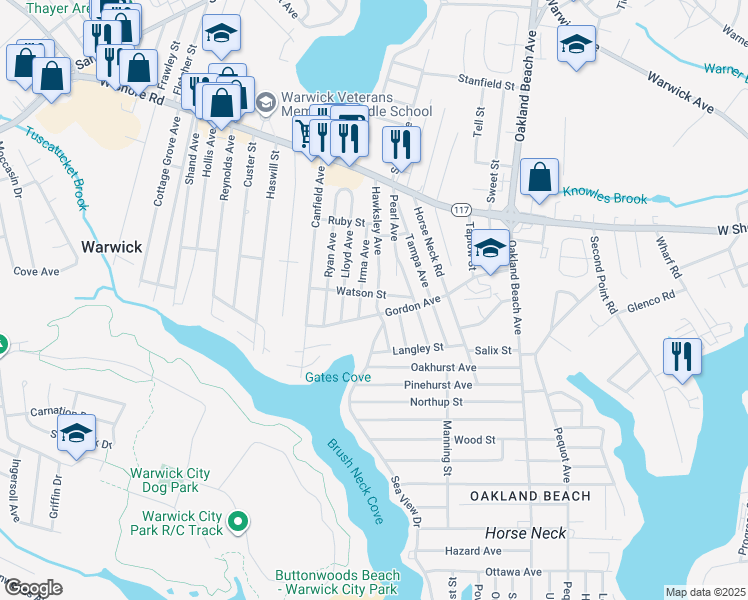 map of restaurants, bars, coffee shops, grocery stores, and more near 38 Watson Street in Warwick