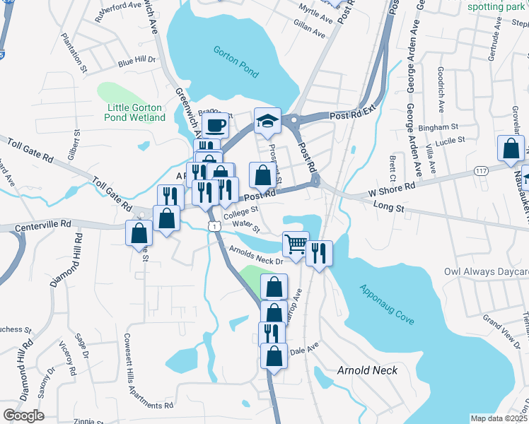 map of restaurants, bars, coffee shops, grocery stores, and more near 25 Colonial Avenue in Warwick