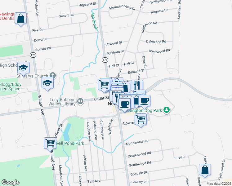 map of restaurants, bars, coffee shops, grocery stores, and more near 15 Center Court in Newington