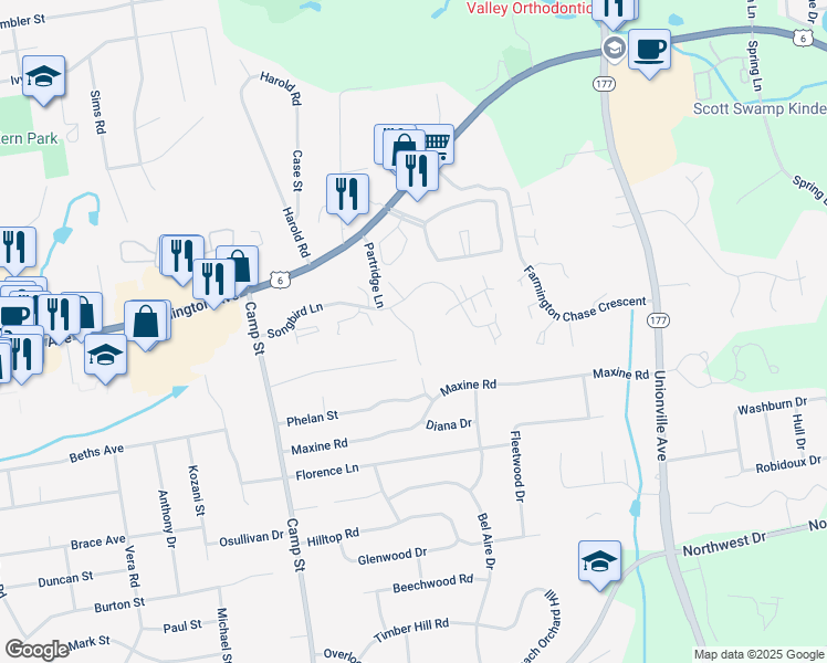 map of restaurants, bars, coffee shops, grocery stores, and more near 8 Cardinal Drive in Farmington