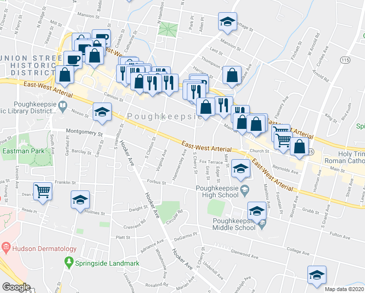 map of restaurants, bars, coffee shops, grocery stores, and more near 286 Church Street in Poughkeepsie