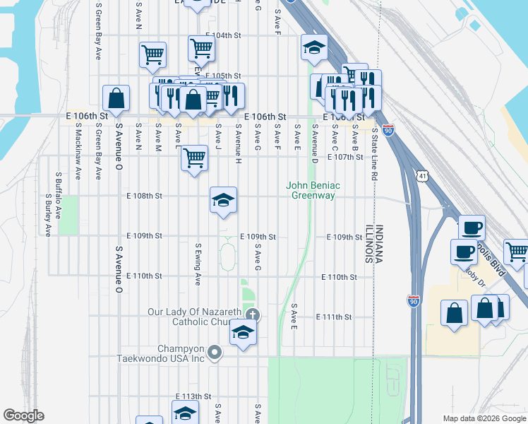map of restaurants, bars, coffee shops, grocery stores, and more near 10818 South Avenue F in Chicago