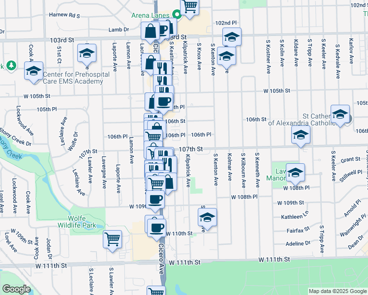 map of restaurants, bars, coffee shops, grocery stores, and more near 4704 West 107th Street in Oak Lawn