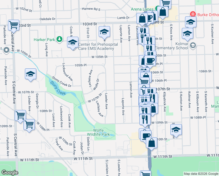 map of restaurants, bars, coffee shops, grocery stores, and more near 5008 West 107th Street in Oak Lawn