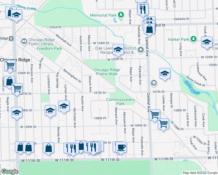 map of restaurants, bars, coffee shops, grocery stores, and more near 5810 107th Court Way in Chicago Ridge