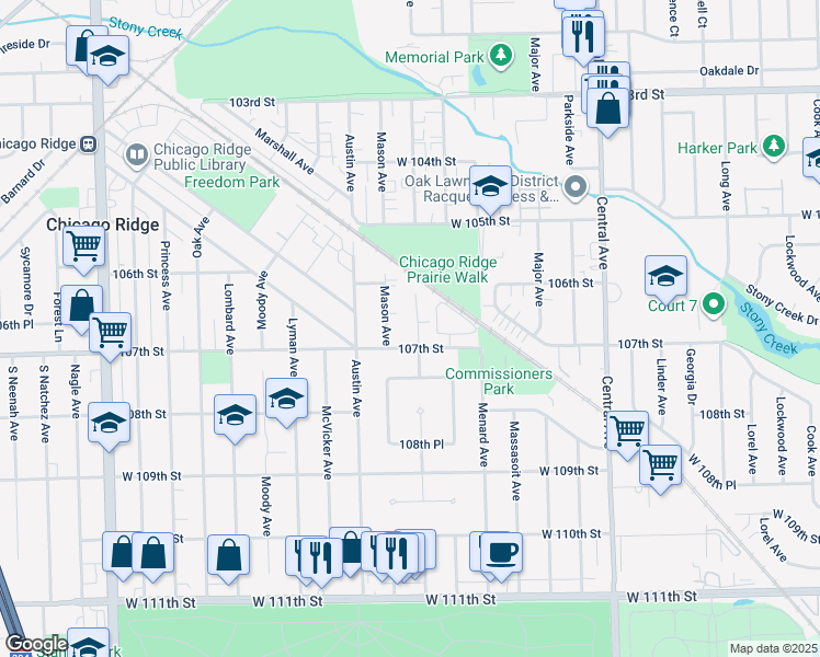 map of restaurants, bars, coffee shops, grocery stores, and more near 10631 Mayfield Avenue in Chicago Ridge