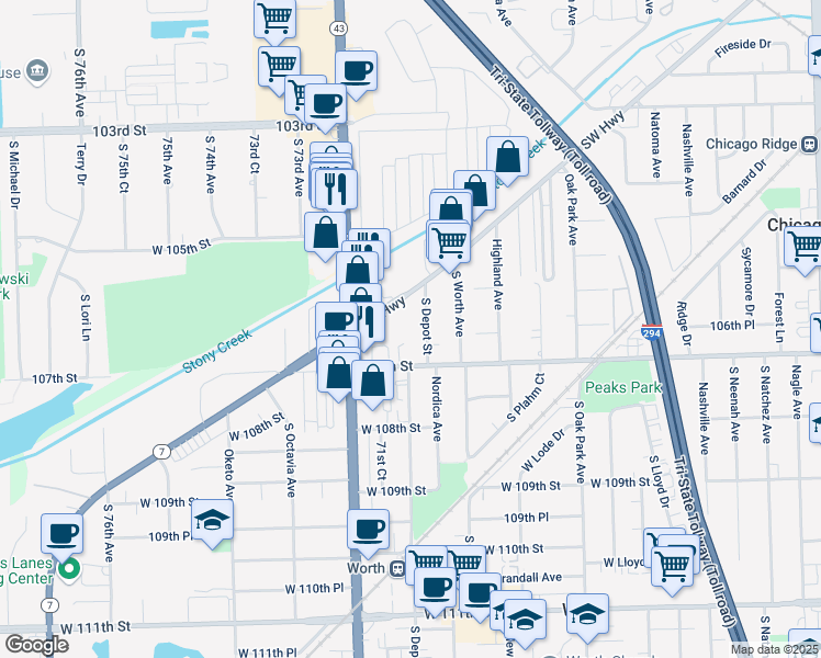 map of restaurants, bars, coffee shops, grocery stores, and more near 10610 South Depot Street in Worth