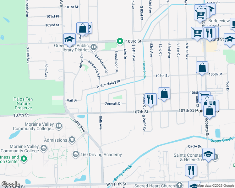 map of restaurants, bars, coffee shops, grocery stores, and more near 8509 Loveland Lane in Palos Hills