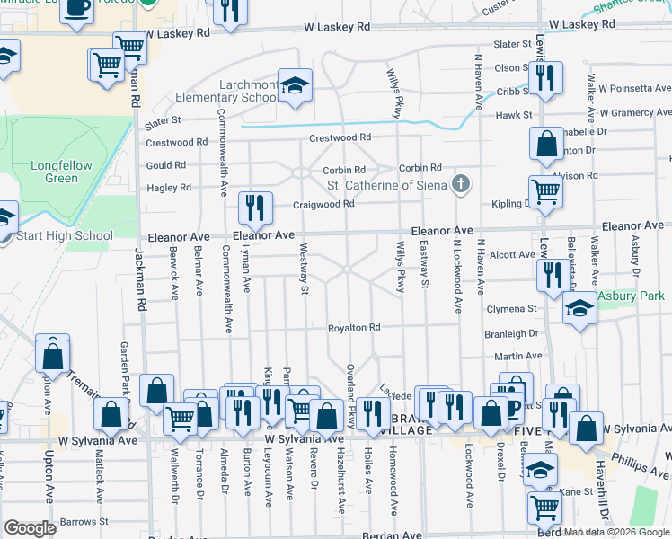 map of restaurants, bars, coffee shops, grocery stores, and more near 4365 Overland Parkway in Toledo