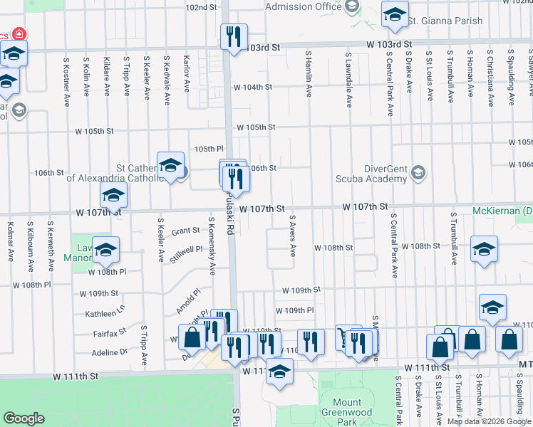 map of restaurants, bars, coffee shops, grocery stores, and more near 3905 West 107th Street in Chicago
