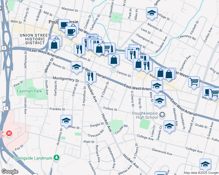 map of restaurants, bars, coffee shops, grocery stores, and more near 6 State St in Poughkeepsie