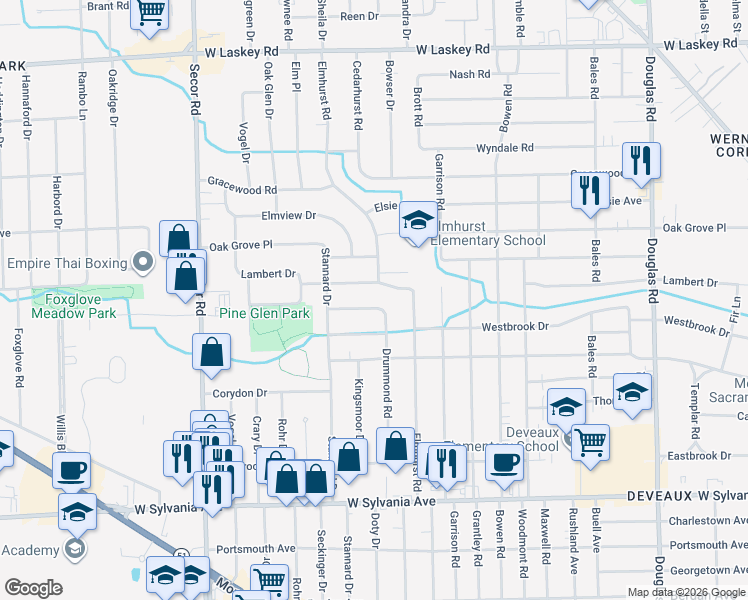 map of restaurants, bars, coffee shops, grocery stores, and more near 3008 Pinehurst Drive in Toledo