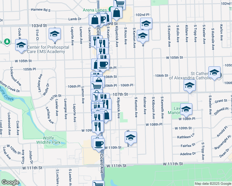 map of restaurants, bars, coffee shops, grocery stores, and more near 4704 West 107th Street in Oak Lawn