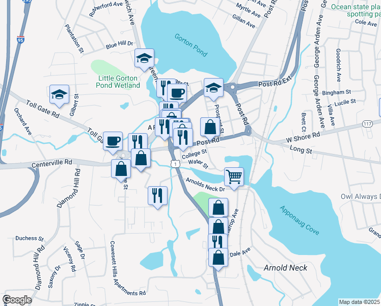 map of restaurants, bars, coffee shops, grocery stores, and more near 153 College Street in Warwick