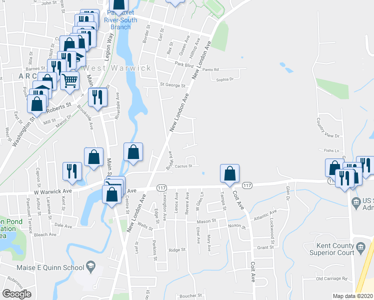 map of restaurants, bars, coffee shops, grocery stores, and more near 34 Gerald Street in Warwick