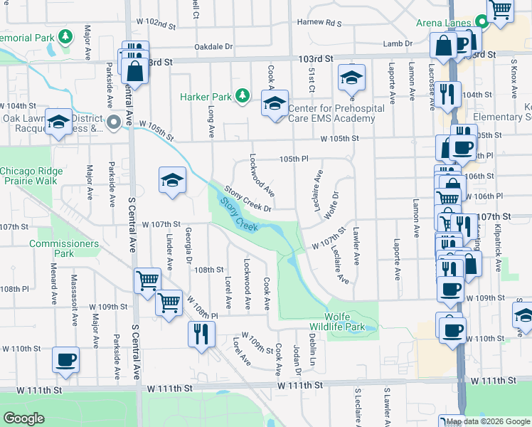 map of restaurants, bars, coffee shops, grocery stores, and more near 5301 Stony Creek Drive in Oak Lawn