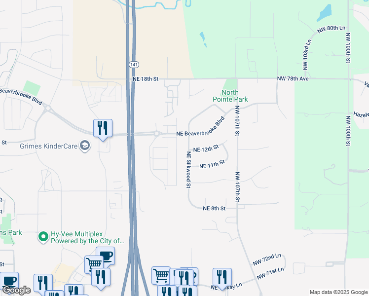 map of restaurants, bars, coffee shops, grocery stores, and more near 1200 Northeast Silkwood Street in Grimes