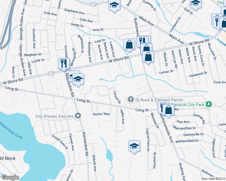 map of restaurants, bars, coffee shops, grocery stores, and more near 27 Larson Drive in Warwick