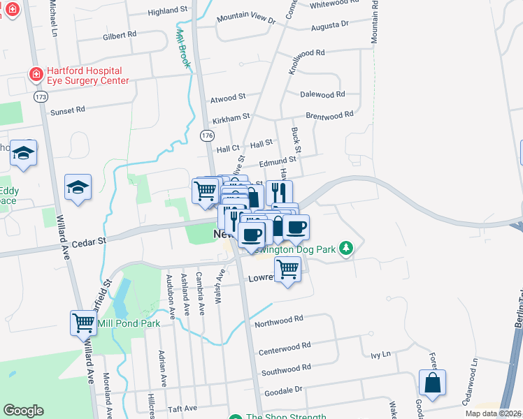 map of restaurants, bars, coffee shops, grocery stores, and more near 44 East Cedar Street in Newington